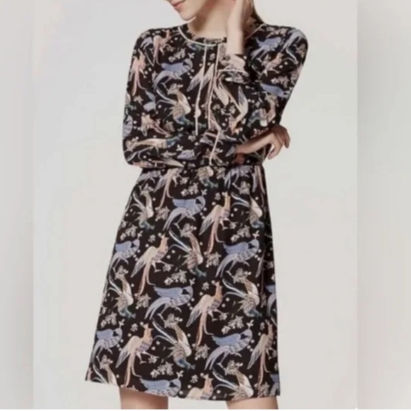 Loft Women's Size 8 Black Bird Print Long Sleeve Knee Length Dress - Picture 3 of 14